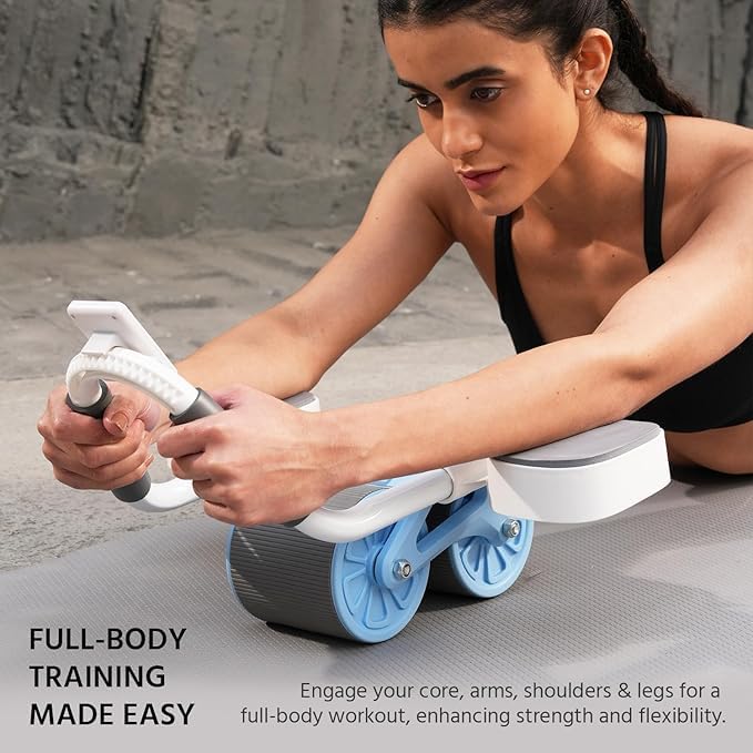 Lifelong LLAR02 Ab Roller With Automatic Rebound, Elbow Support, Timer & Mobile Holder, Dual Non-Slip Wheels, Professional Core Strength Training Ab Roller, Home Gym Core Trainer With Knee Pad – Blue