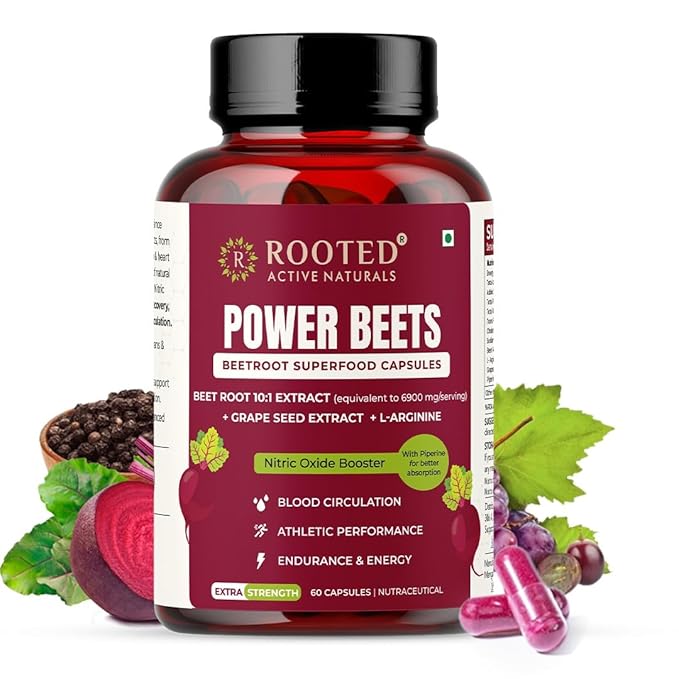 Rooted Actives Power Beets Capsules – 10:1 Beet Root Extract with L-Arginine & Grape Seed | Nitric Oxide Booster for Heart, Circulation & Endurance | 60 Vegan Capsules